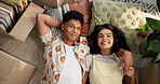 Relax, couple and boxes on floor of new home in above view with dream love, bonding or conversation for interior design. Smile, man and woman of property investment, renovation or support together