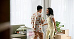 Happy, couple and dance in new home with box for mortgage, investment and achievement of goals. Man, woman and celebration with energy in house for property moving, partnership and growth in marriage