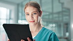 Healthcare, nurse and woman with tablet for reading, medical research and results. Connection, online consultation and female surgeon with digital for diagnosis, treatment and telehealth in hospital