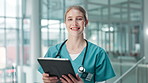 Healthcare, face of woman and tablet for reading, medical research and results review. Online consultation, nurse and female surgeon with digital for diagnosis, treatment and telehealth in hospital