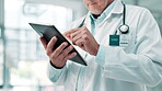 Doctor, hands and tablet for hospital, healthcare and research of medical records, history or schedule. Senior man or physician scroll on digital tech for clinic service or report with cloud storage