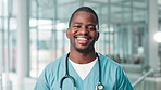 Face, smile and healthcare with nurse in hospital for treatment or insurance. Portrait, black man and happy with medical professional and scrubs uniform in clinic for gp appointment or health checkup