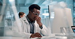 Science, computer and black man with eye pain in lab for vaccine study, brain fog and headache. Frustrated, scientist and stress with digital technology for stem cell, medical research and report