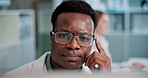 Scientist, man and thinking with computer in laboratory for medical research or pharmaceutical results with glasses. Black professional, science expert or problem solving on study report and medicine