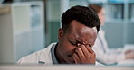 Science, research and black man with headache in lab for vaccine study, solution and brain fog. Frustrated, scientist and stress with digital computer for stem cell, medical research and fatigue