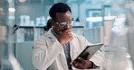 Night, thinking and man with tablet in laboratory for medical research, microscope data and analysis. Healthcare, black person or scientist with digital for biotechnology, problem solving or planning