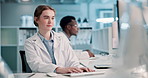 Computer, research and science with woman in laboratory, typing report for discovery or experiment. Healthcare, medicine and pharmaceuticals with scientist in office for development or innovation