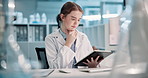 Night, reading and woman with tablet in laboratory for medical research, microscope data or analysis. Healthcare, female employee or scientist with digital for biotechnology, planning or scrolling