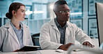 Scientist, team and discussion on computer in laboratory for training on data analysis and pharmaceutical research. Science, intern and expert knowledge on medical problem solving or medicine support