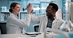 Science, team and high five for success in laboratory with pharmaceutical breakthrough and excited with applause. Collaboration, scientist and happy for achievement of medical research on computer