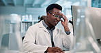 Science, computer and black man with headache in lab for vaccine study, anxiety and brain fog. Scientist, frustrated and stress with digital technology for stem cell, medical research and solution