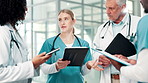 Tablet, medical and group discussion in meeting for healthcare, brainstorming ideas or nurse training on tech. Team, doctor or people planning for collaboration on research project in hospital clinic