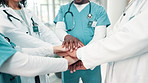 Medical, collaboration and hands in circle for teamwork, unity and together in hospital for work. Doctors, employees and healthcare diversity in a huddle for solidarity, help and support in medicine