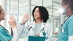 Doctor, nurse and high five for success for medical results, training and team work goals with checklist. Group of people in healthcare with hands together, clapping and celebration of test results