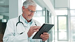 Tablet, mature doctor and man research for telehealth, planning and reading email on internet. Digital, technology and medical professional on report for healthcare results or wellness info in clinic