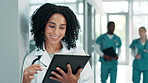 African woman, doctor and tablet for healthcare research with hospital records, workflow or schedule. happy medical worker typing, scroll or writing on digital tech for clinic results, service or app