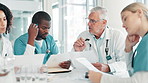 Documents, doctor and team discussion in meeting for healthcare report, brainstorming or mentor training nurses. Group, medical and people planning with paperwork for collaboration in hospital clinic