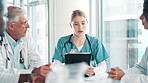 Woman, nurse and tablet for training in meeting, consulting and cardiology surgeon for schedule. Female person, medical team and advice for healthcare or medicine, clinical research and talking