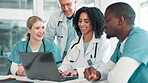Laptop, doctors and group in discussion in meeting for healthcare, brainstorming and mentor training nurse interns online. Medical, team and happy people laughing, typing or collaboration in hospital
