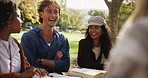 Students, laughing and outdoor conversation for study break with comedy joke and learn for english exam. Comic meme, gen z people and talking friends in park for gossip story and college education