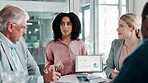 Woman, meeting or business people with tablet or graphs for teamwork, data analytics or research. Screen, economy news or financial advisors in conversation or discussion for sales charts or revenue