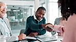 Happy business people, applause and shaking hands in office for deal, b2b collaboration or teamwork. Hiring, partnership or investors in agreement with meeting success, welcome or career opportunity