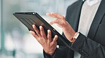 Hands, tablet and scroll with charts, report and statistics of company sales for data analysis in office. Businessman, technology and check for review, profit and revenue with research and analytics