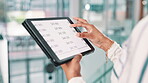 Hands, tablet and screen with accounting, report and statistics of company for data analysis in office. Ux, tech and person for review of profit, sales and revenue with ui and business analytics