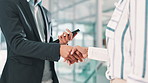 Shaking hands, deal and professional business people in office with agreement, partnership or company merger. Welcome, greet and hr with candidate for onboarding or recruitment handshake in workplace