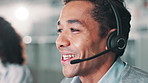 Call center, telemarketing and man consultant in office with crm communication for online. Contact us, headset and male customer service, technical support or sales agent working on hotline.