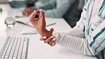 Woman, hands and wrist pain with injury, arthritis or joint inflammation on office desk. Closeup of female person or employee with sore muscle, joint ache or carpal tunnel syndrome at workplace