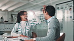 Happy people, winning and high five with teamwork for achievement, success or promotion at office. Excited colleagues or employees touching for congratulations, accomplishment or sale at workplace