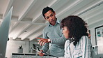 Discussion, computer and business people with documents in office for planning, teamwork and project. Corporate, meeting and man and woman with paperwork for research, collaboration and report review