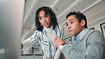 Business woman, call center and coaching with intern for customer service, support or help at office. Female person training young man, agent or junior consultant on computer for job or online advice