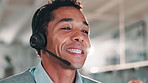 Businessman, consultant and talking with headphones at call center for customer service, support or telemarketing at office. Friendly man, young agent or employee consulting for online advice or help