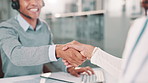 Businessman, consultant and handshake with client for agreement, b2b or deal together at office. Closeup of man or agent shaking hands in call center for meeting, greeting or thank you at workplace