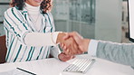 Business woman, handshake and meeting with agreement for interview, b2b or deal together at office. Closeup of female person or employee shaking hands for meeting, greeting or thank you at workplace