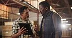 Carpenter, tablet and people with discussion in warehouse for project plan, manufacturing and advice. Production, industry and men with tech in workshop for renovation, digital design and consulting
