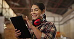 Carpenter, woman and smile with tablet in workshop or headphones of safety, online order or research for product design. Happy, female person and digital for woodwork website by manufacturing project