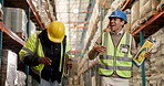 Warehouse logistics, men and dancing with clipboard for stock inspection and humor. Shipping facility, people and inventory management with paperwork for transportation and being silly with coworker