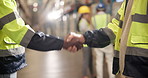 Shaking hands, agreement and logistics team in warehouse for greeting, welcome or introduction for merger. Ecommerce, collaboration and industrial cargo employees with handshake for shipping deal.