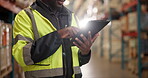 Warehouse, person and tablet with check in cargo for production, logistics and shipping company. Supervisor, stock manager and tech in distribution, trade and job in factory, supply chain or industry