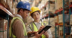 Tablet, engineer team and discussion at warehouse for shipping, logistics or freight distribution planning on technology. Factory, people and collaboration for inventory, stock or storage management