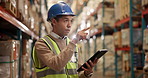 Man, tablet and checklist with inventory for logistics or shipping at storage warehouse. Male person, engineer or contractor checking stock with technology for supply chain or distribution at depot