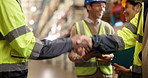 Shaking hands, deal and logistics team in warehouse for greeting, welcome or introduction for merger. Ecommerce, collaboration and industrial cargo employees with handshake for shipping agreement.