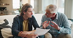Homework, senior man and teaching university student on sofa with exam and learning. Thinking, reading and grandfather support with paperwork for college, education and school test with studying