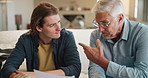 Advice, love or support with father and son on sofa in living room of home together for bonding. Empathy, loss or pain with old man talking to teen in apartment for advice, help or trust as family