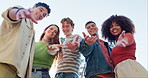 Group, students and portrait with hand out in outdoor, diversity or travel for social media. Youth, friends and crowd with selfie profile picture for memory, teenagers on adventure in united kingdom