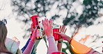 Hands, toast and friends in outdoor party with drinks, beer or alcohol for reunion, event or youth culture. Fun, low angle and people in group celebration with cheers or cups for social gathering