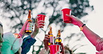 Hands, toast and friends in party with drinks, beer or alcohol for reunion, event or youth culture. Outdoor, low angle and people in group celebration with cheers or cups for fun social gathering